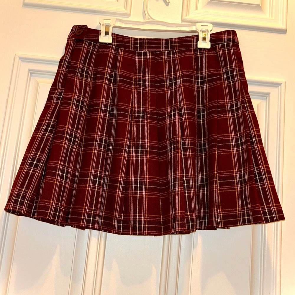 Burgundy Cotton Blend Tartan Plaid Pleated Mini Skirt Sz 8 M